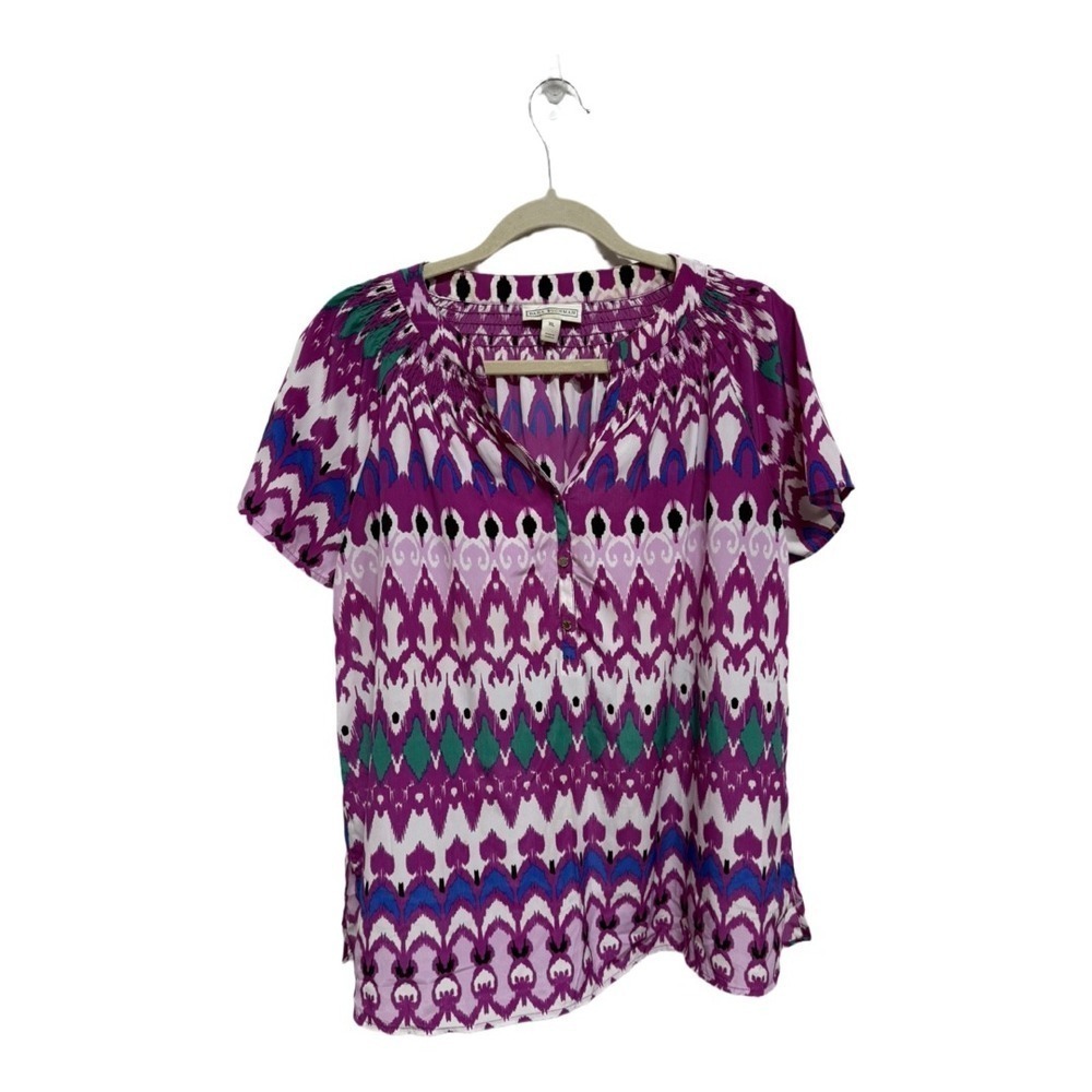 Dana Buchman Purple Geometric Short Sleeve Blouse Size XL Button Down